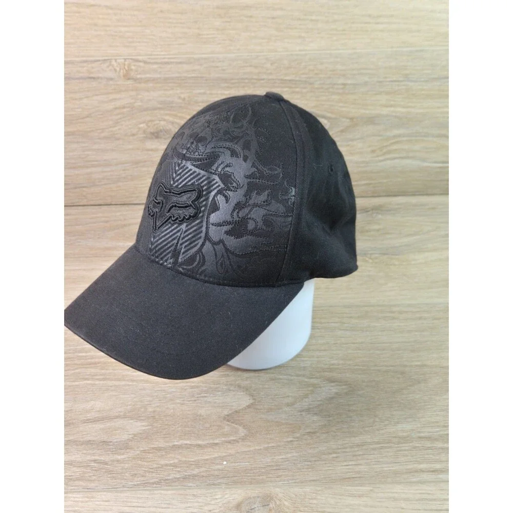Vintage Fox Motocross Racing Cap Size S/M Flexfit Black On Black with Skull